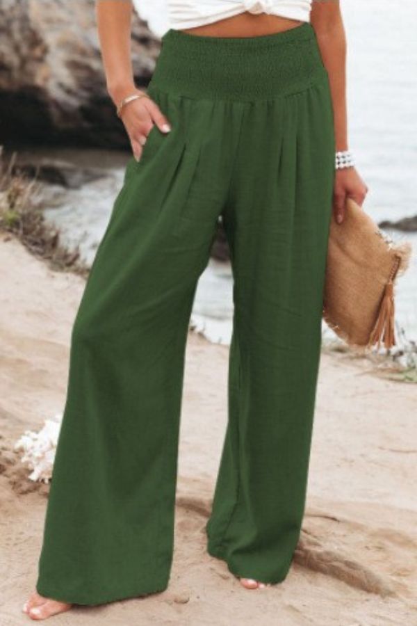 Boho flowy palazzo pants, women's elegant summer fashion. Wide-leg & high-waist for ultimate comfort.