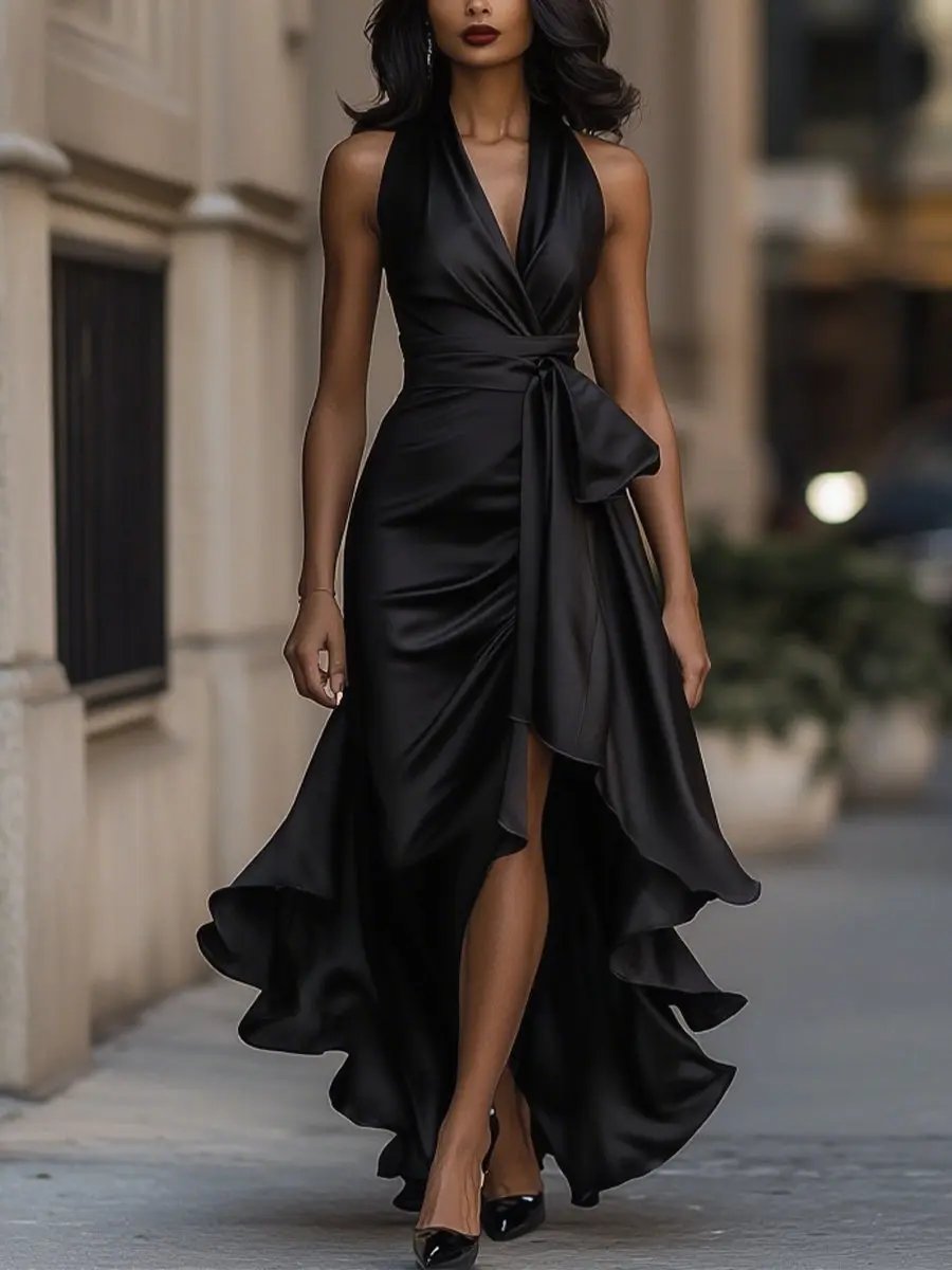 Feminine women's halter neck maxi evening dress with a flattering wrap waist. Elegant and long.