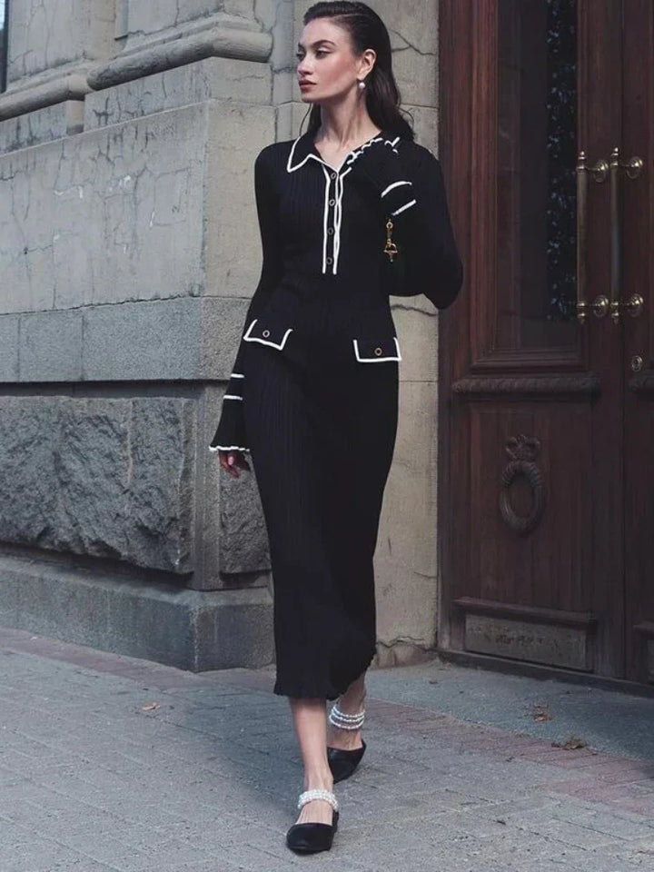 Women's elegant maxi dress, high waist & ruffles. A flattering, modest dress for fall/winter events.