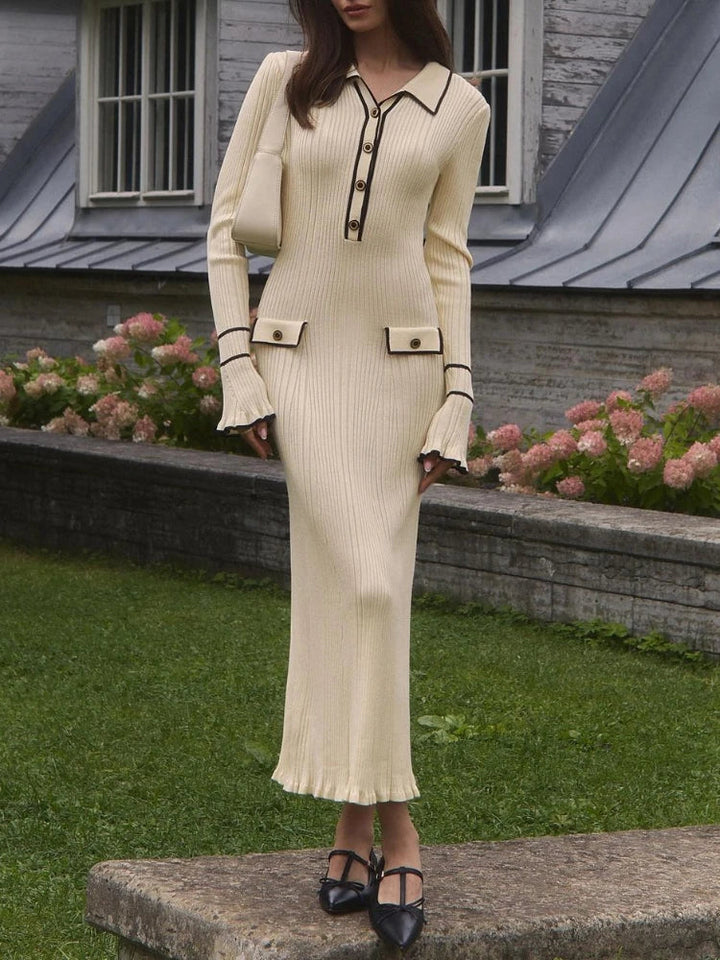 Cozy women's high waist knit maxi dress with elegant ruffles. Modest, flattering vintage style for winter.