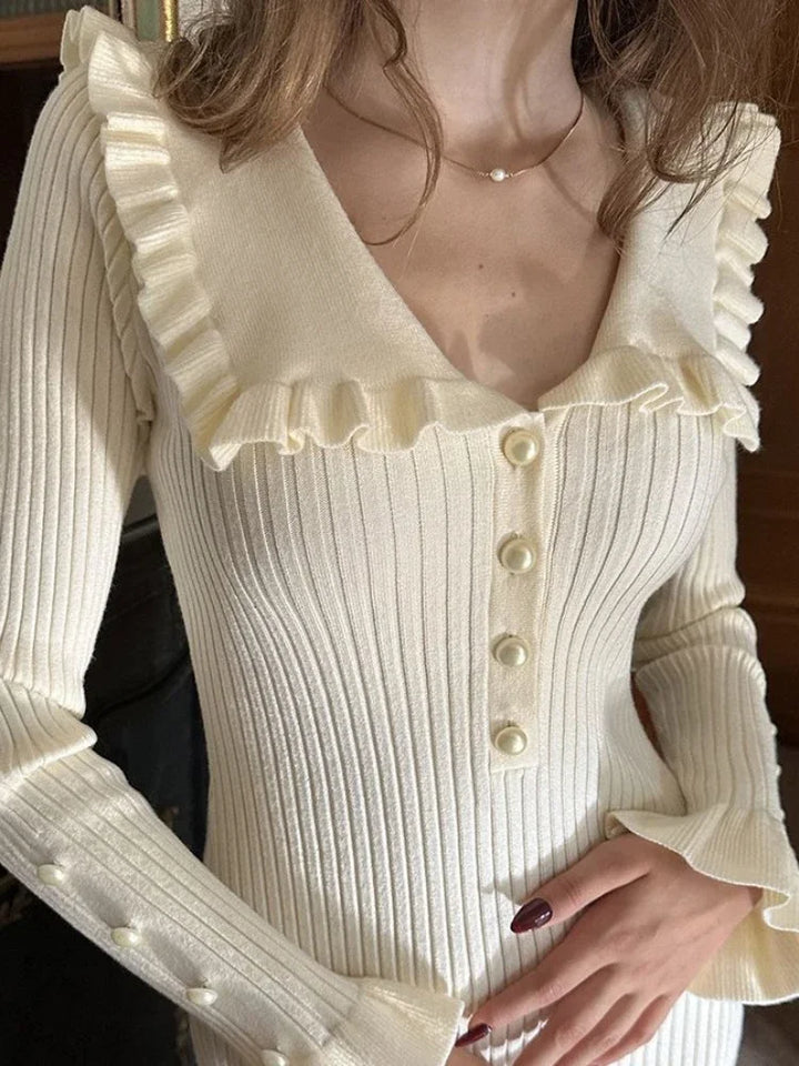 Vintage style women's high waist ruffle maxi dress. Elegant, flattering, and cozy for fall/winter.