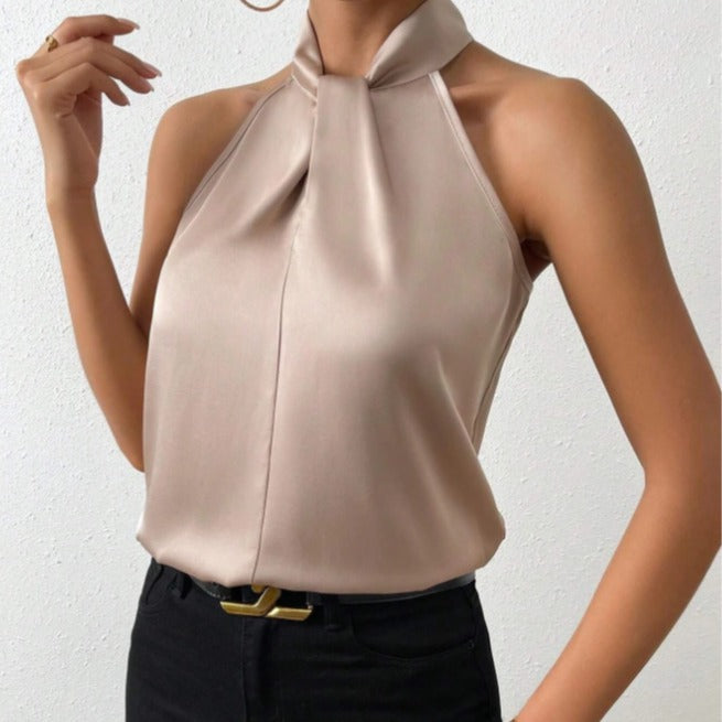 Women's elegant knot neck halter top, sleeveless, perfect for smart casual wear.