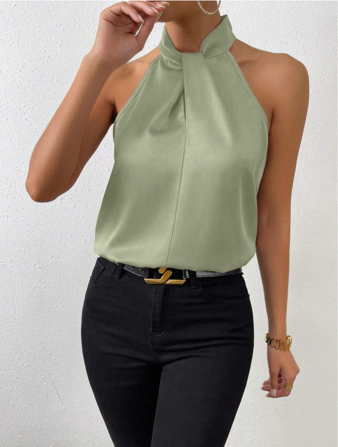 Smart women's summer top, sleeveless, elegant knot neck halter style.