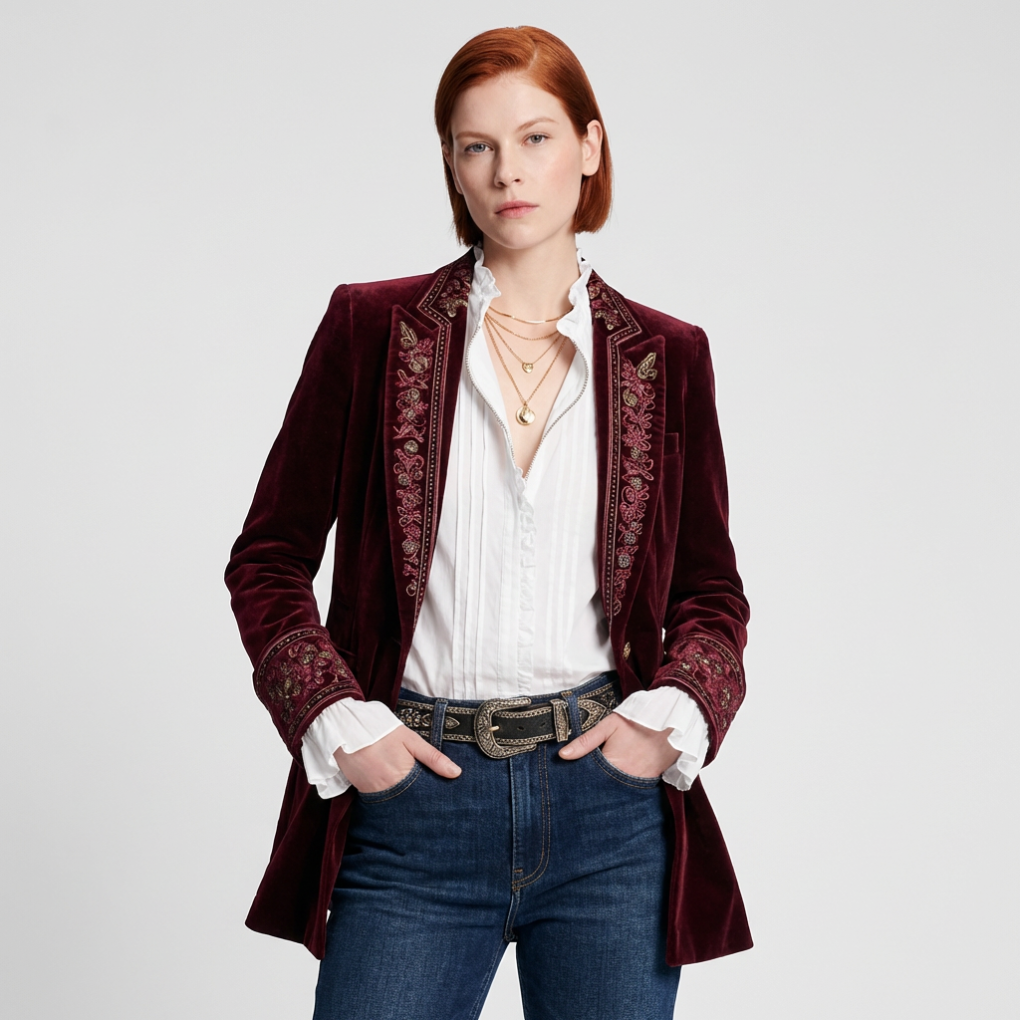 Women's elegant long blazer jacket with intricate embroidery, ideal for formal or smart casual outerwear.
