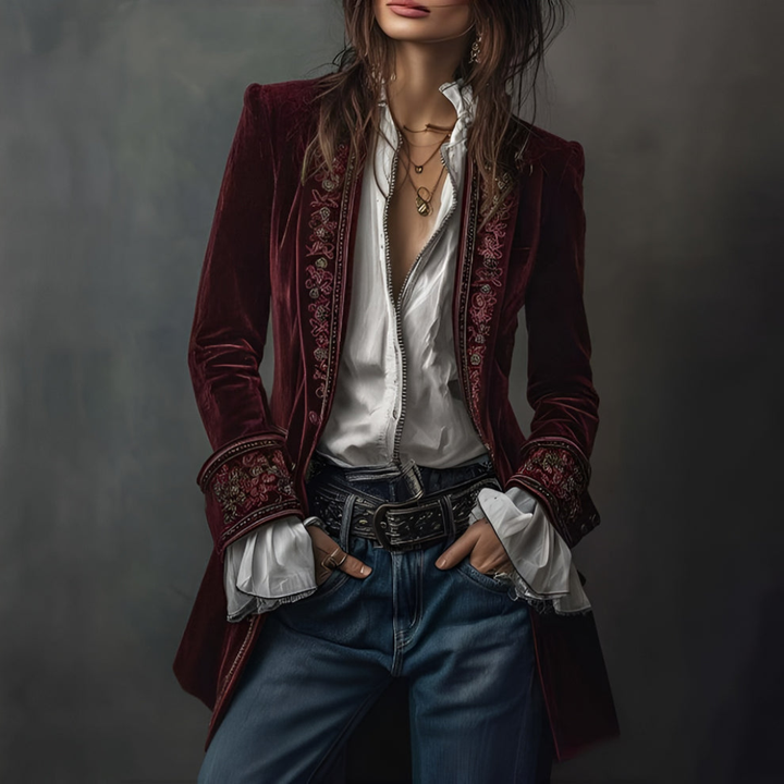 Elegant women's long embroidered blazer jacket, versatile for formal, work, or smart casual occasions.