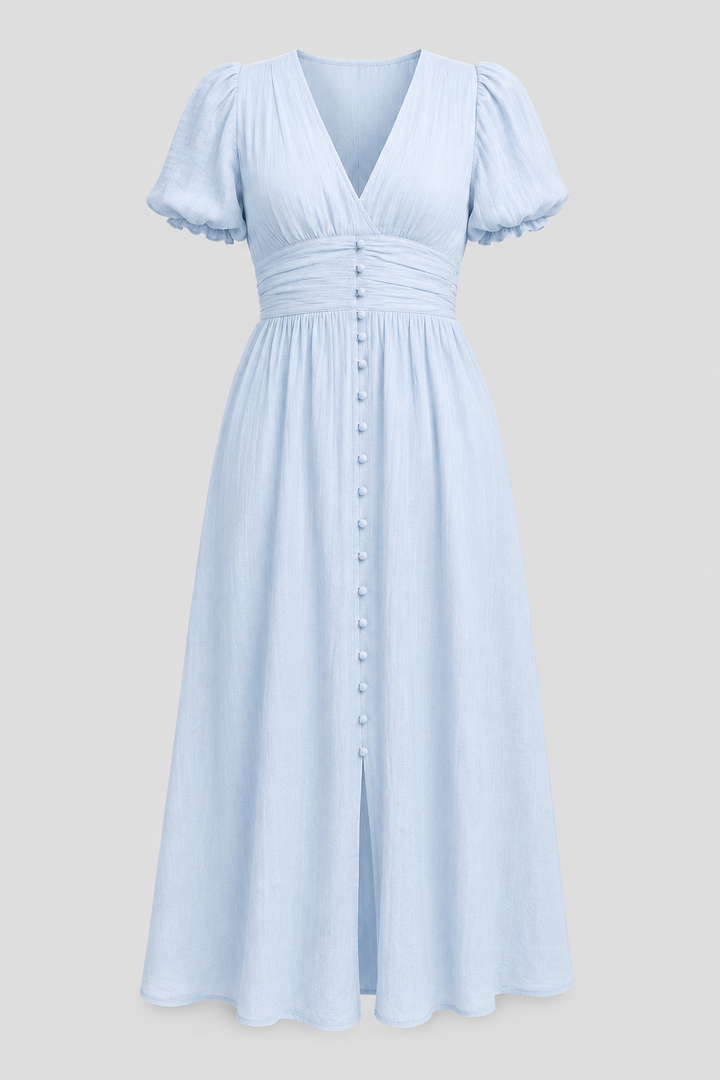 Vintage style women's long maxi dress with puff sleeves, a romantic choice for any event.
