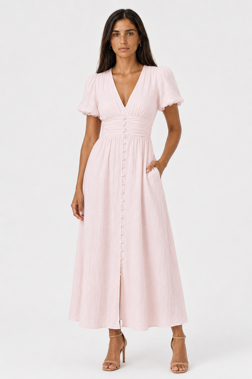 Stylish women's long puff sleeve maxi dress, versatile for casual outings or formal events.