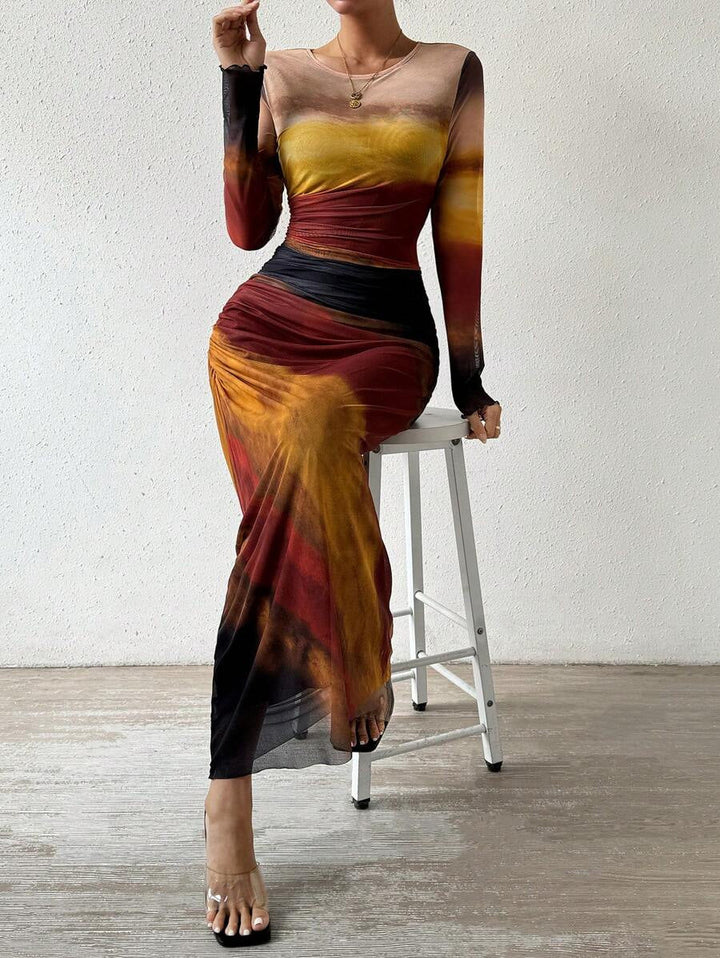Ruched long sleeve bodycon maxi dress for women, elegant and stylish for parties.