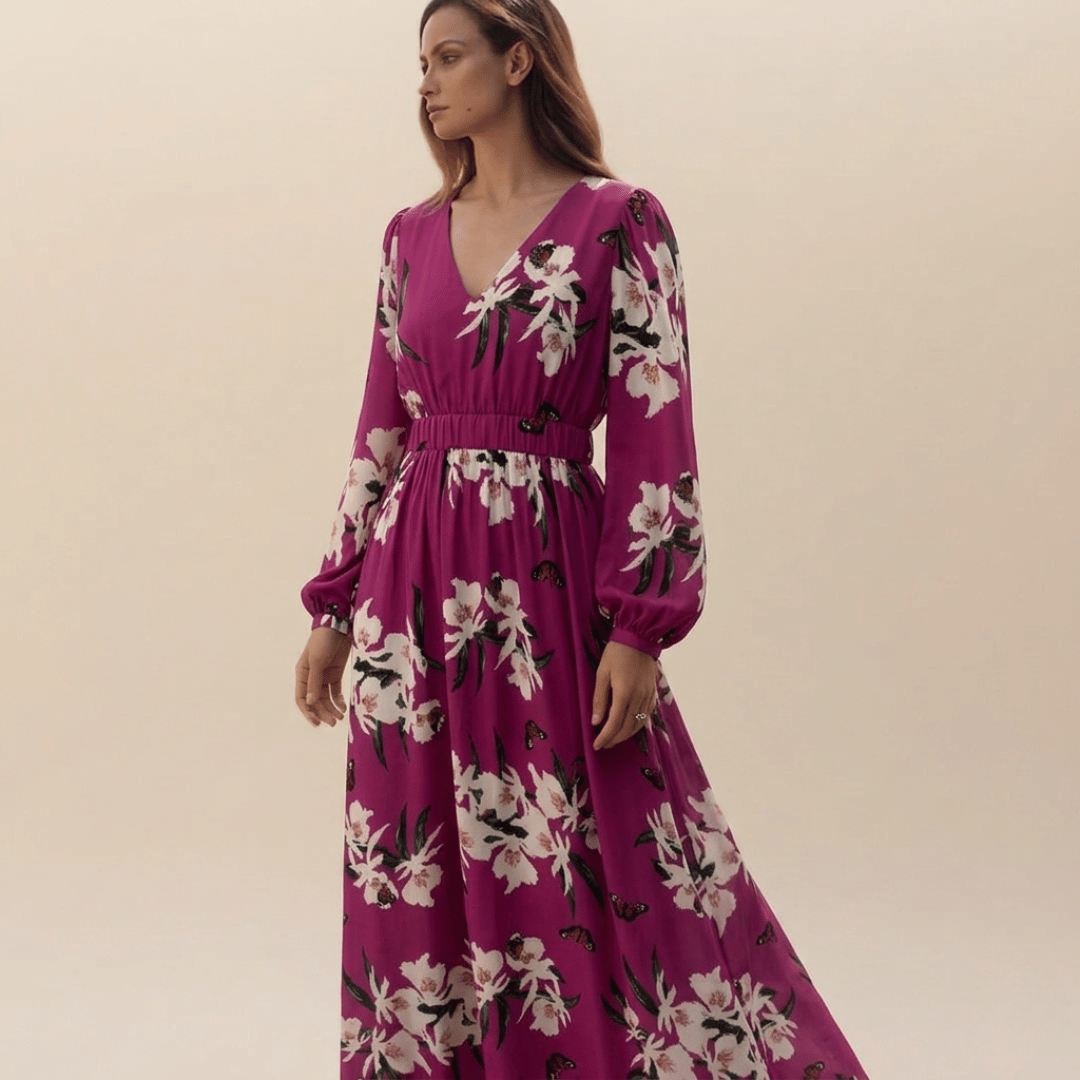 Women's elegant long sleeve floral maxi dress with V-neck, perfect for party wear or casual chic comfort.