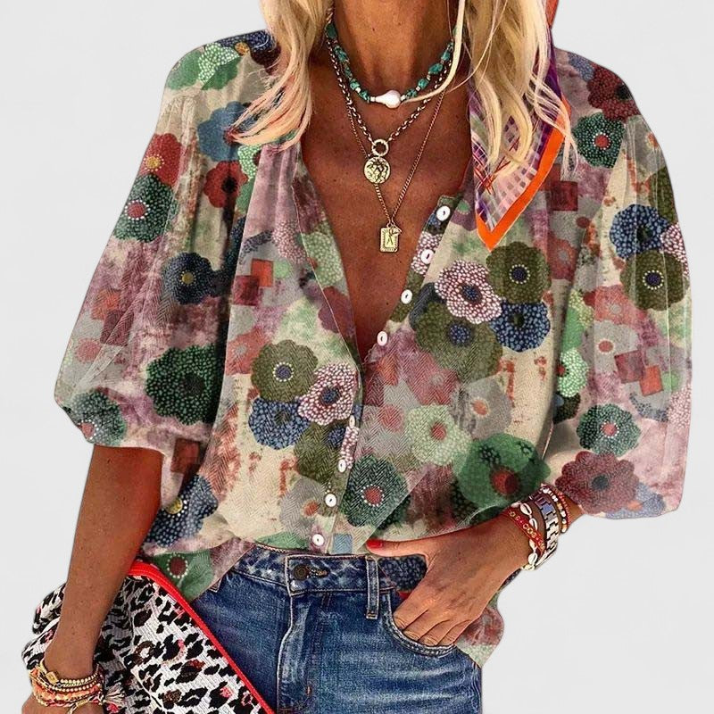 Women's elegant long sleeve floral print blouse with button-front, perfect for versatile casual chic spring & summer.