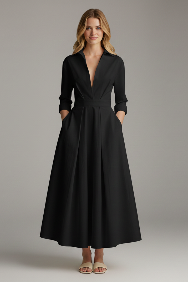 Elegant women's button-front midi dress, long sleeves, defined waist & flared skirt. A flattering fall/spring style.