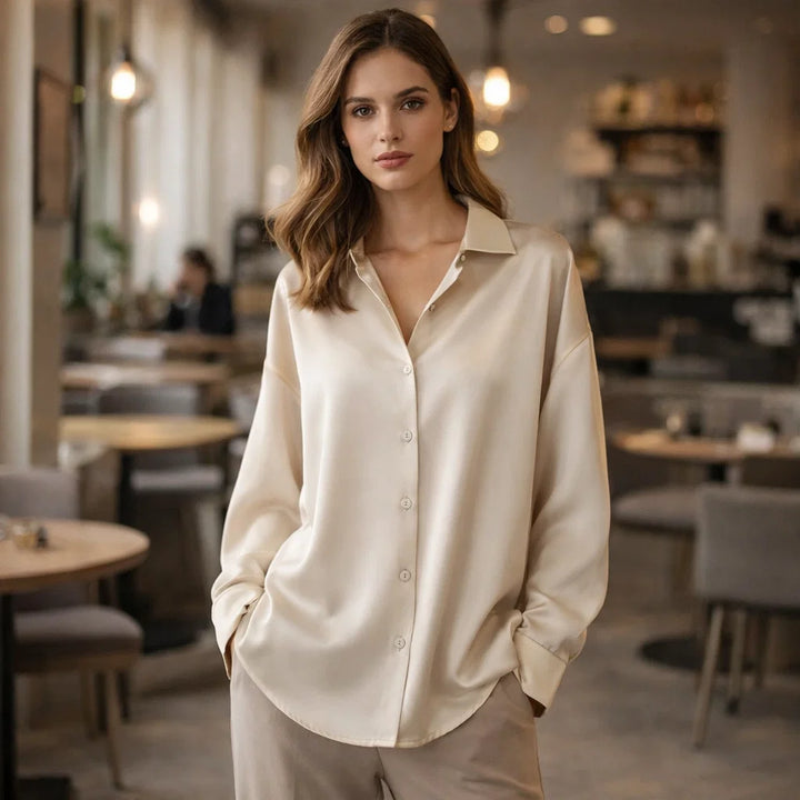 Women's elegant long sleeve office blouse, loose fit, perfect for professional work attire.