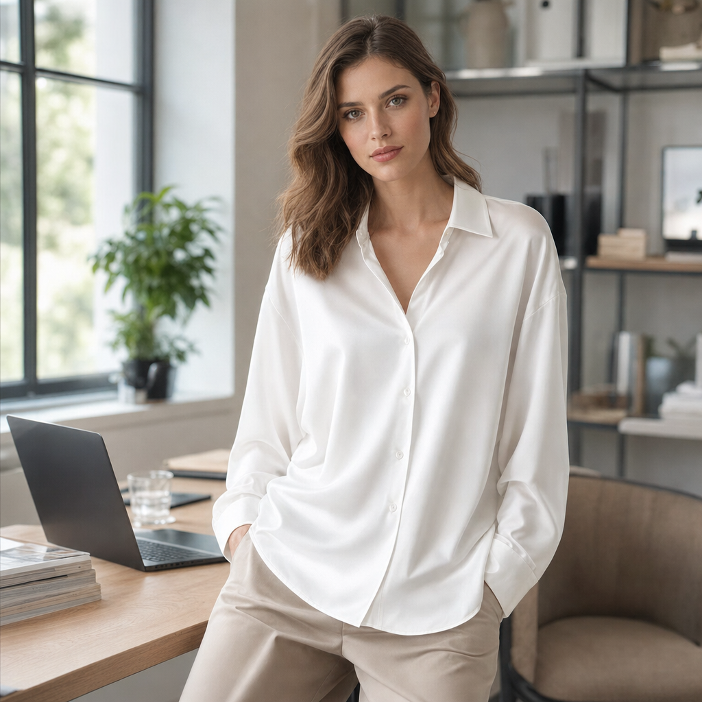 Modern women's elegant office blouse, long sleeve and loose fit, ideal for professional attire.
