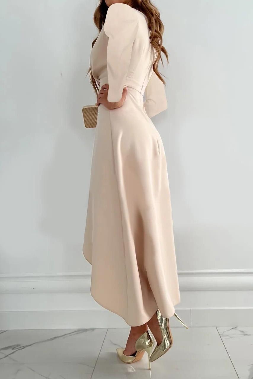 Sophisticated women's long sleeve wrap midi dress with ruffles, ideal for cocktail parties & wedding guests.