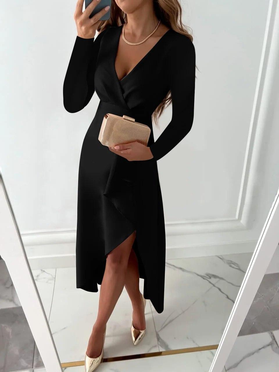 Formal women's midi wrap dress featuring long sleeves, V-neck, & ruffled detailing for evening events.