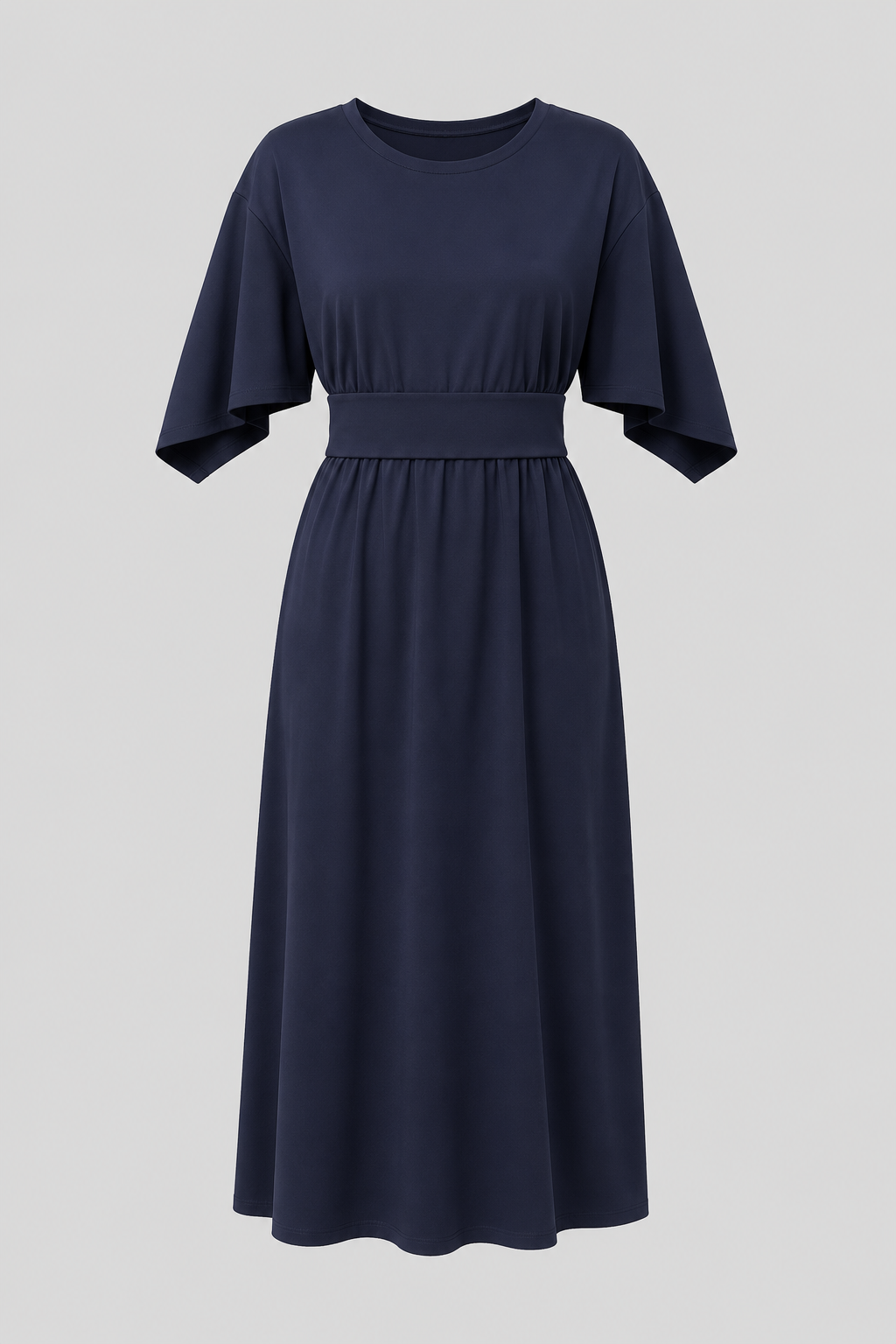 Fashionable women's long dress. Elegant midi cut with wide sleeves & a defining waist belt.