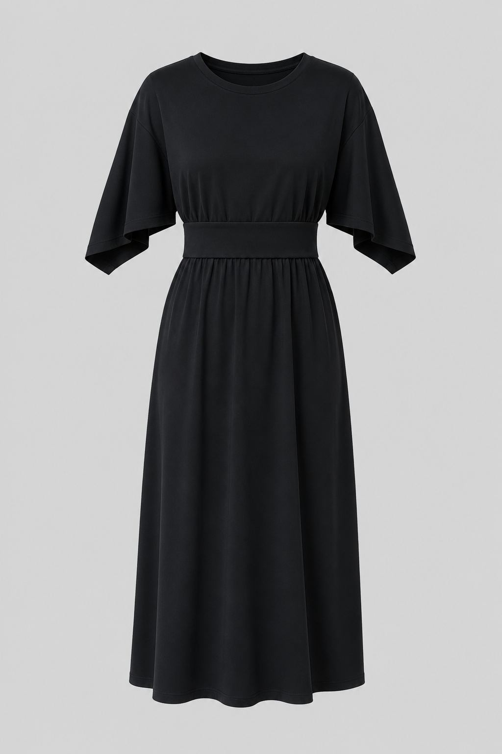 Women's comfortable midi dress. Features flowy wide sleeves, a tie belt & elegant solid design.