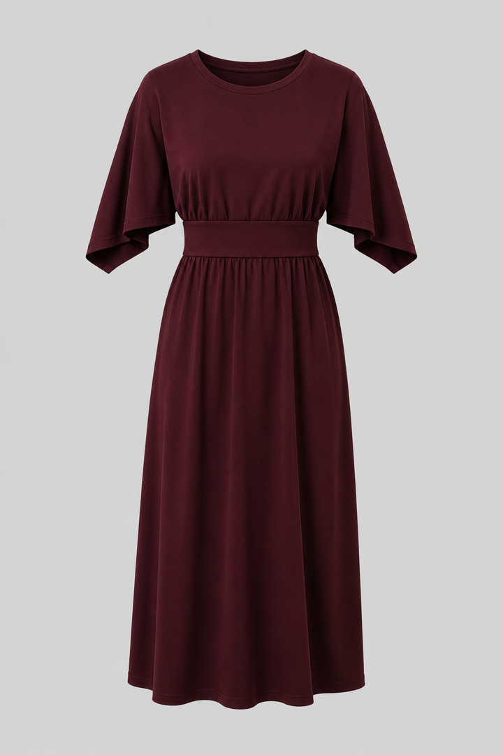 Timeless women's elegant midi dress. With wide sleeves & a waist belt, perfect for day or evening.