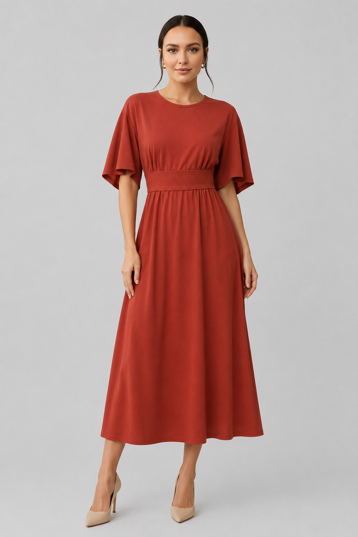 Sophisticated women's belted midi dress. Perfect for work or special occasions, with wide sleeves.