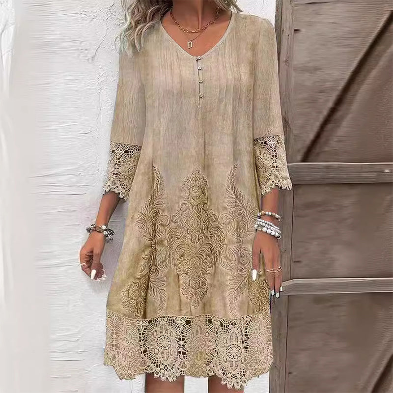 Feminine women's elegant shift dress with delicate lace detailing and chic three-quarter sleeves, a stylish midi.