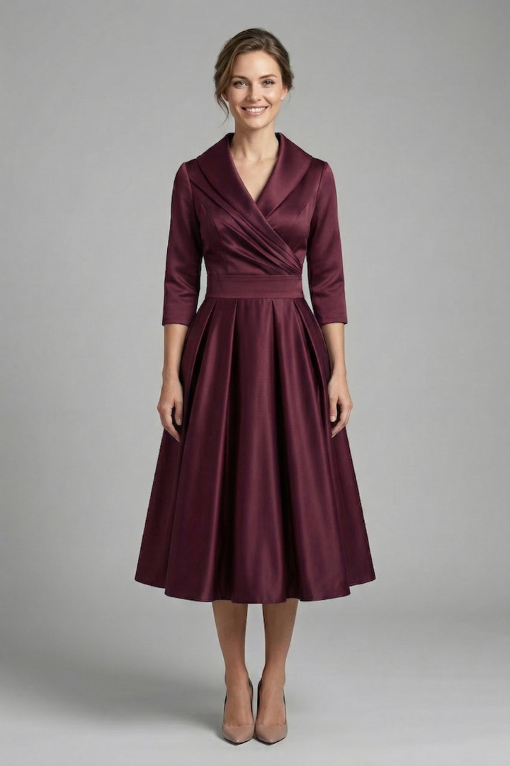 Versatile women's midi dress with a flattering wrap neck and elegant pleated skirt. Ideal for any occasion.