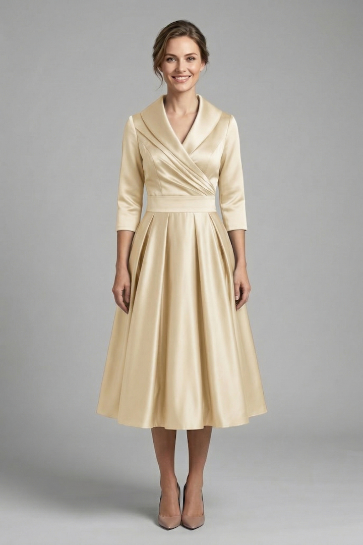 Elegant women's wrap dress, midi length, with a graceful pleated skirt and long sleeves. Chic fashion choice.