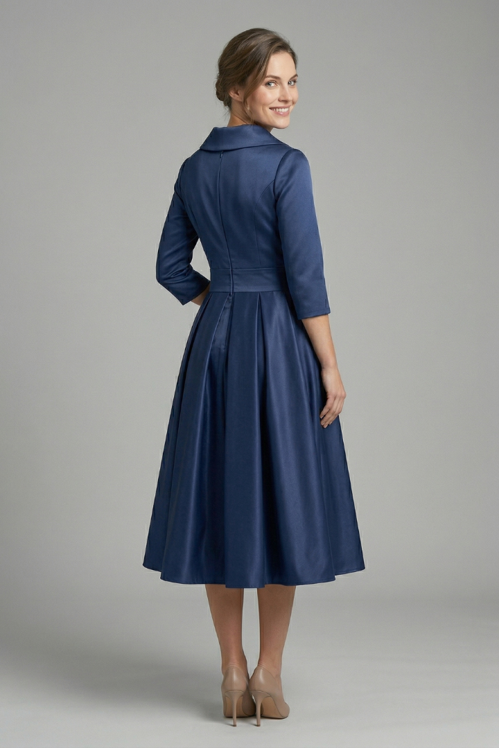 Classic women's long sleeve midi dress with a flattering wrap neck and elegant pleated A-line skirt.