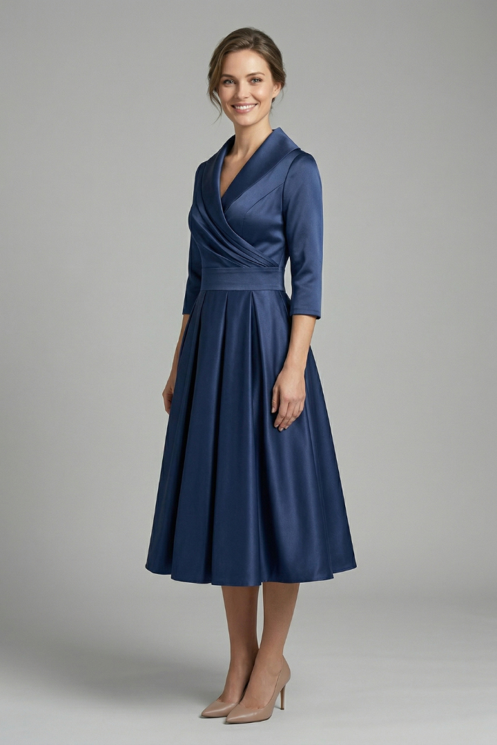 Fashionable women's midi dress, wrap-front design, and a chic pleated skirt for an elegant, versatile look.