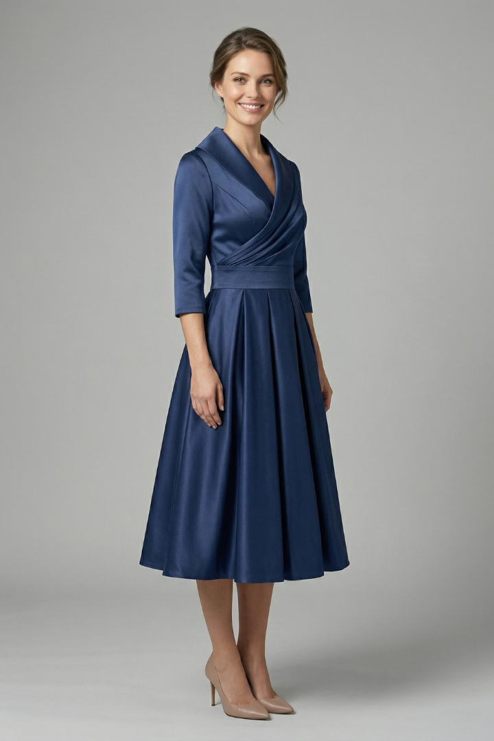 Elegant midi wrap dress for women, featuring a pleated skirt and long sleeves. A versatile party dress.