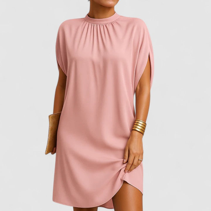 Women's elegant mock neck midi dress with flowy batwing split sleeves, perfect for spring fashion.