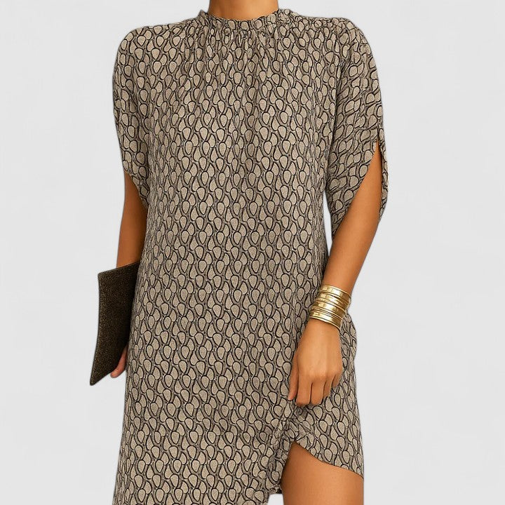 Relaxed fit women's midi dress with a sophisticated mock neck and distinctive batwing split sleeves.