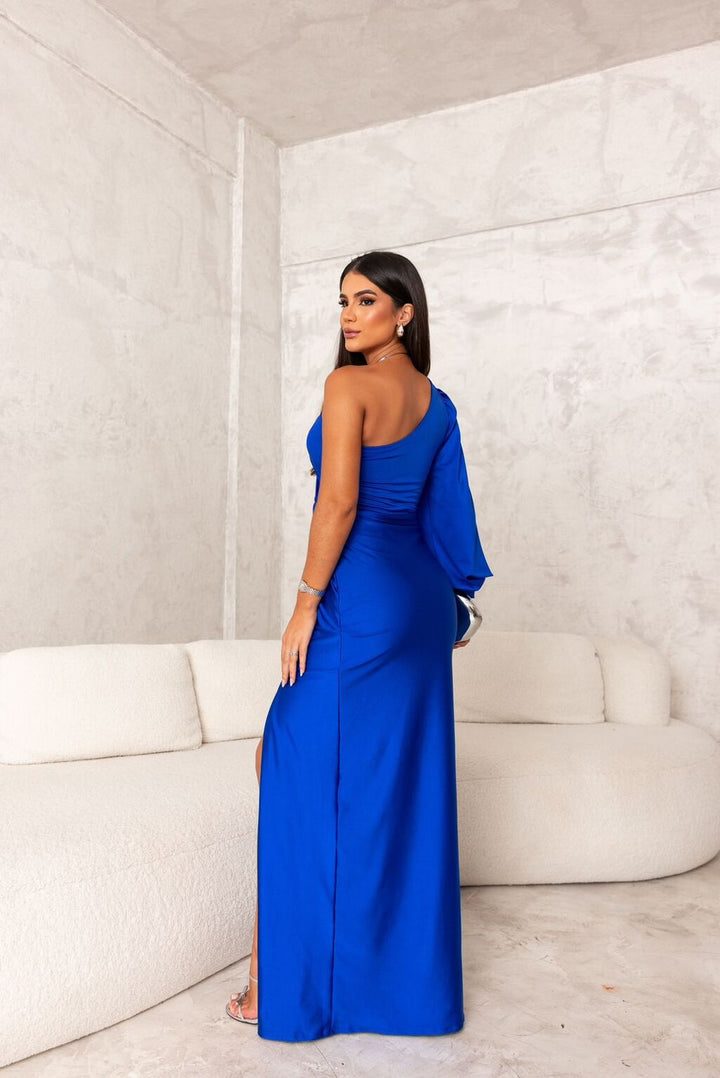 Royal blue elegant one-shoulder maxi dress, a vibrant choice for wedding guests & formal events.