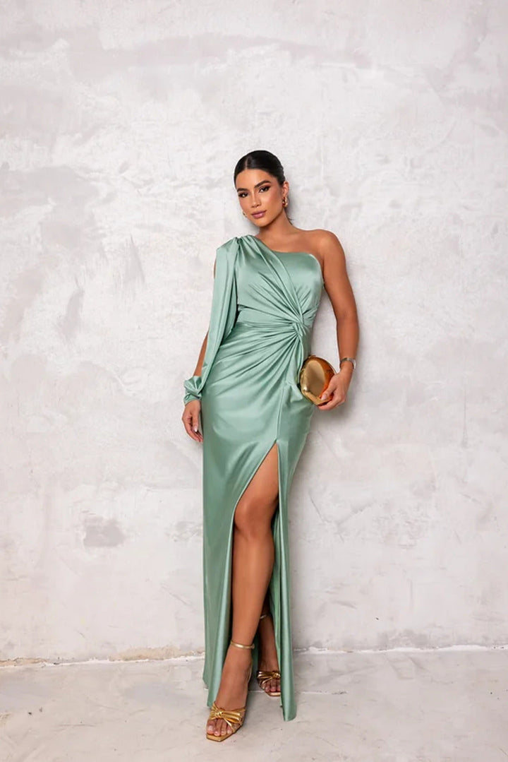 Draped emerald green one-shoulder long dress for women, stunning evening wear or party dress.