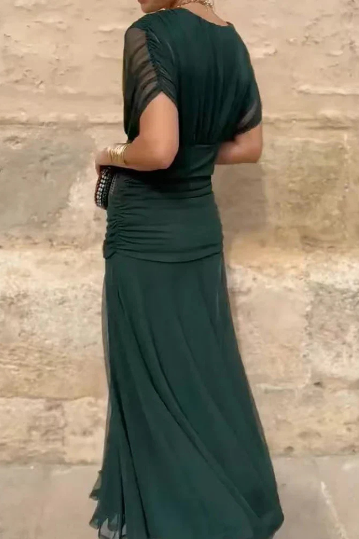 Ruched off-shoulder midi dress for women, featuring an elegant twist-front detail.