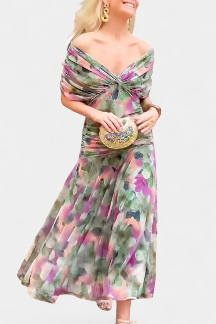 Elegant women's off-shoulder evening dress with ruched twist-front midi style.