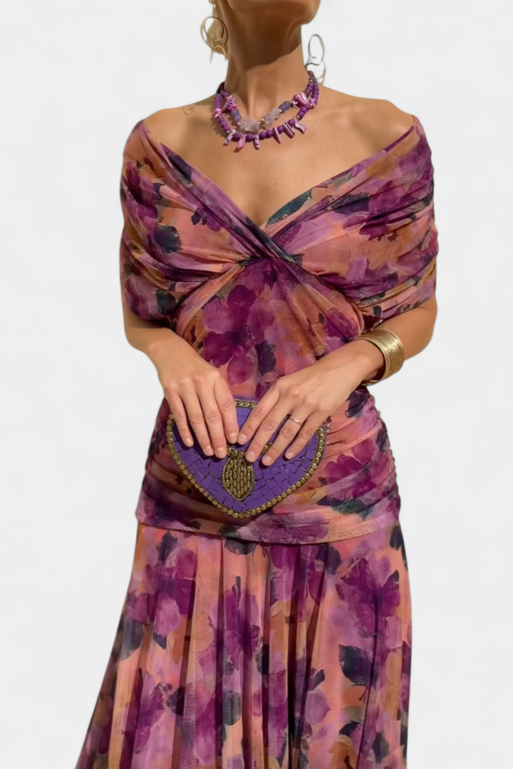 Off-shoulder ruched midi dress for women, perfect as a cocktail or evening dress.