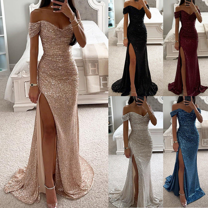 Women's elegant off-shoulder sequin maxi dress. A stunning formal evening gown perfect for any special occasion.