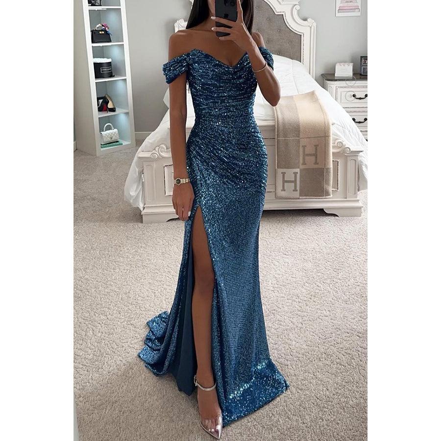 Sparkling off-shoulder sequin evening gown. Glamorous maxi dress for galas, proms, and red carpet events.