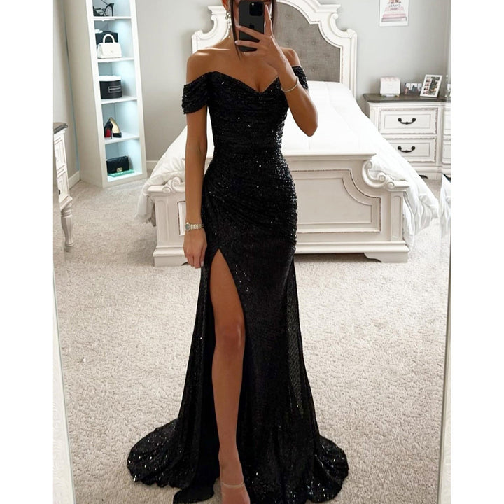 Chic women's off-shoulder sequin party dress. A dazzling bodycon maxi gown for memorable evening occasions.