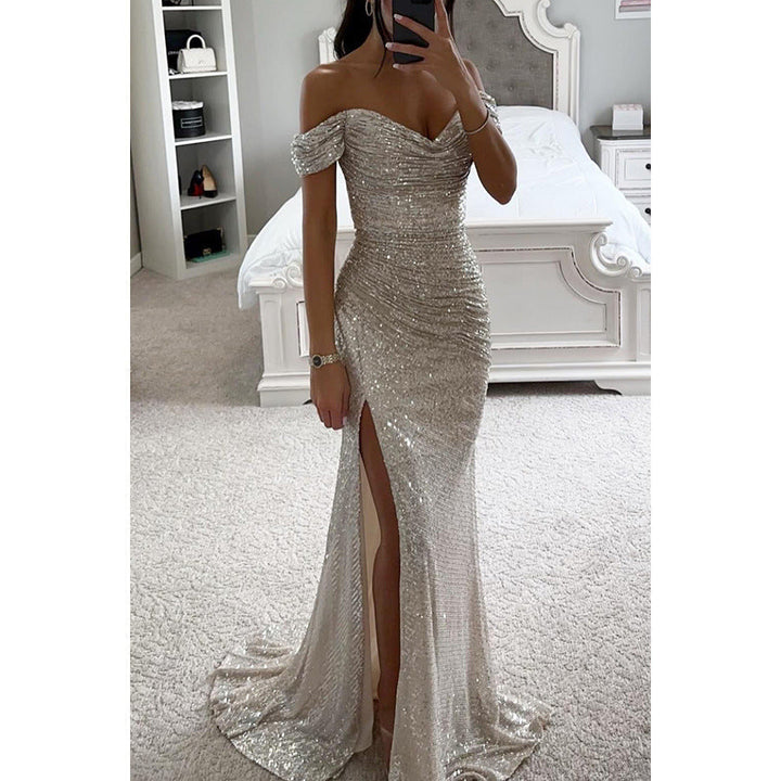 Bodycon off-shoulder sequin evening maxi dress. A glamorous choice for women attending formal galas or proms.
