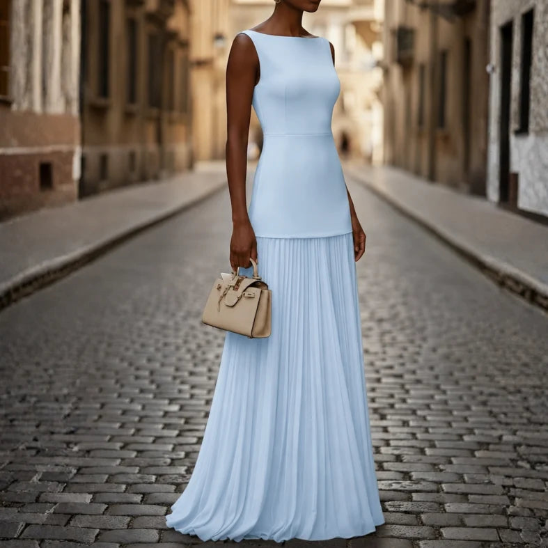 Women's elegant pleated maxi dress with boat neck, sleeveless, perfect for formal events & evening wear.