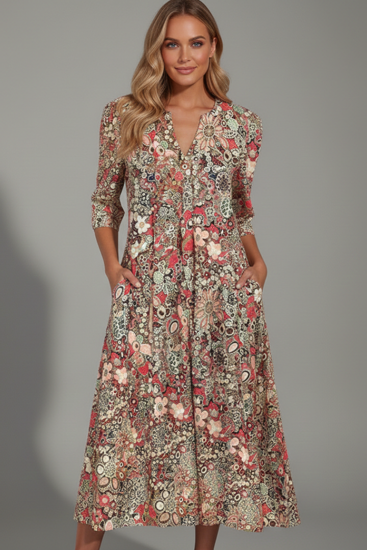 Women's casual spring midi dress with an eye-catching print, V-neck, and three-quarter sleeves for a relaxed fit.