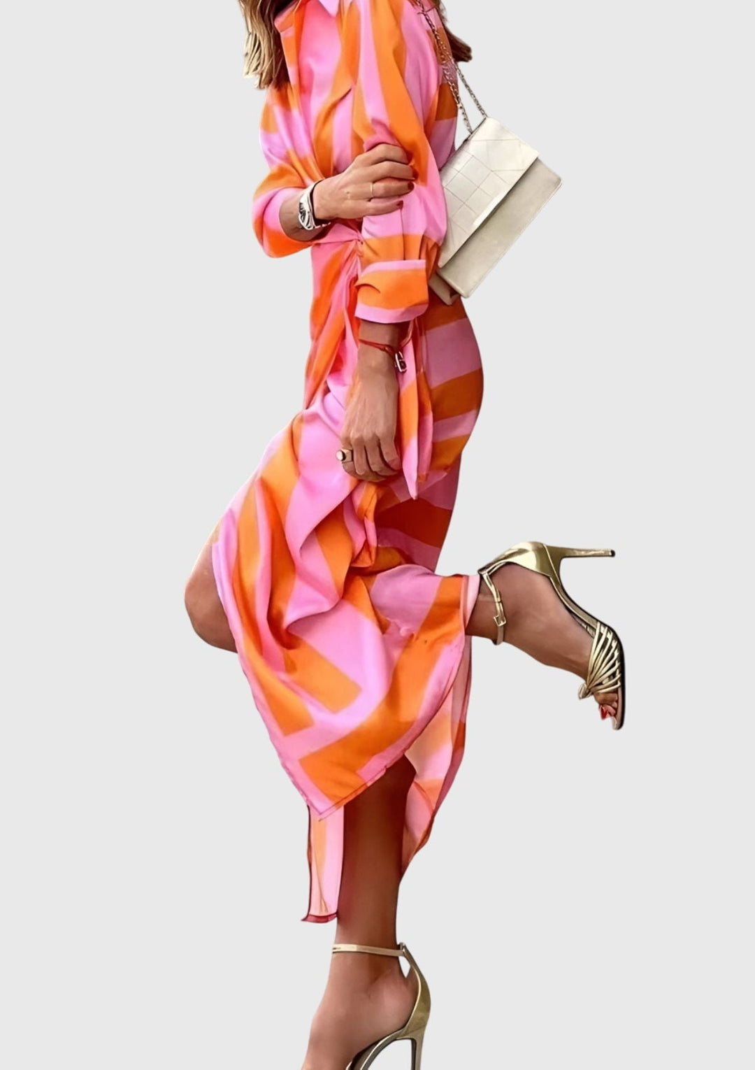 Spring/Summer women's long sleeve printed wrap midi dress. Elegant and chic, perfect for warm weather fashion.