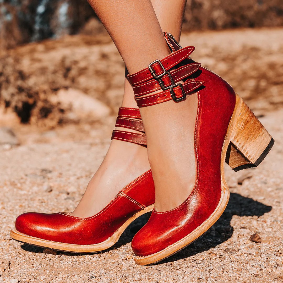Women's comfortable block heel pumps with a sophisticated round toe and supportive ankle strap. Excellent for all-day wear.