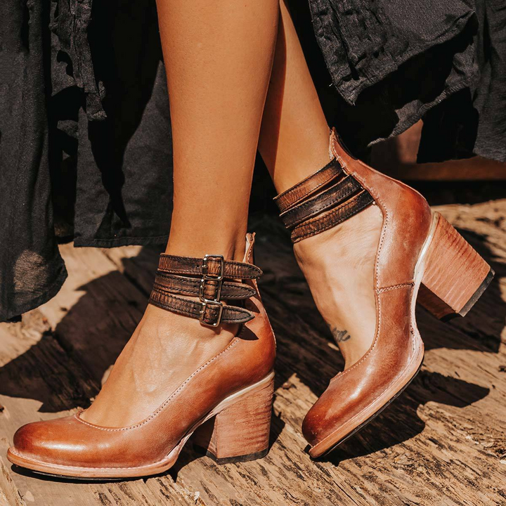 Versatile women's dress shoes: Round toe block heel pumps with chic ankle strap. Perfect for office & evening fashion.