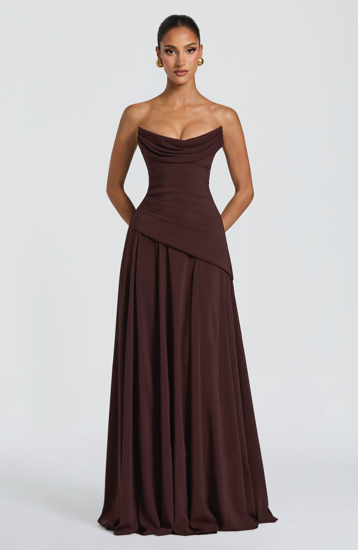 Women's sophisticated ruched halter neck maxi gown. Perfect party dress for elegant formal events.