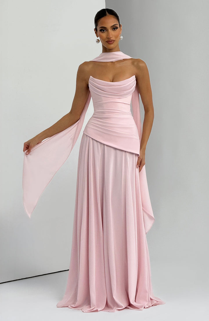 Formal women's maxi dress with ruched halter neck. Ideal for prom, parties & special occasions.