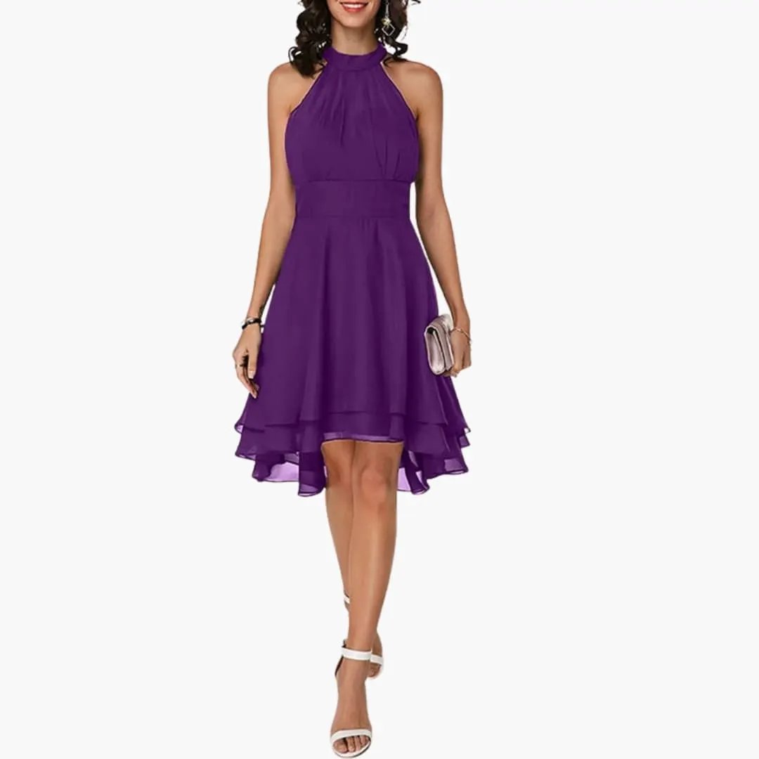 Comfortable women's sleeveless ruffle dress, knee-length, round neck, perfect for summer casual wear.
