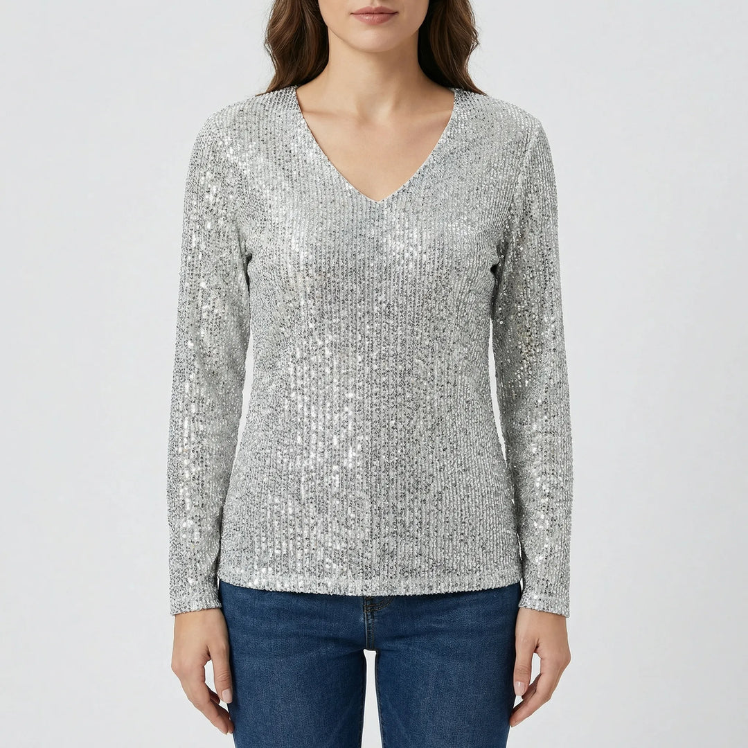 Versatile women's long-sleeve V-neck shimmer top, an elegant blouse for sophisticated style.