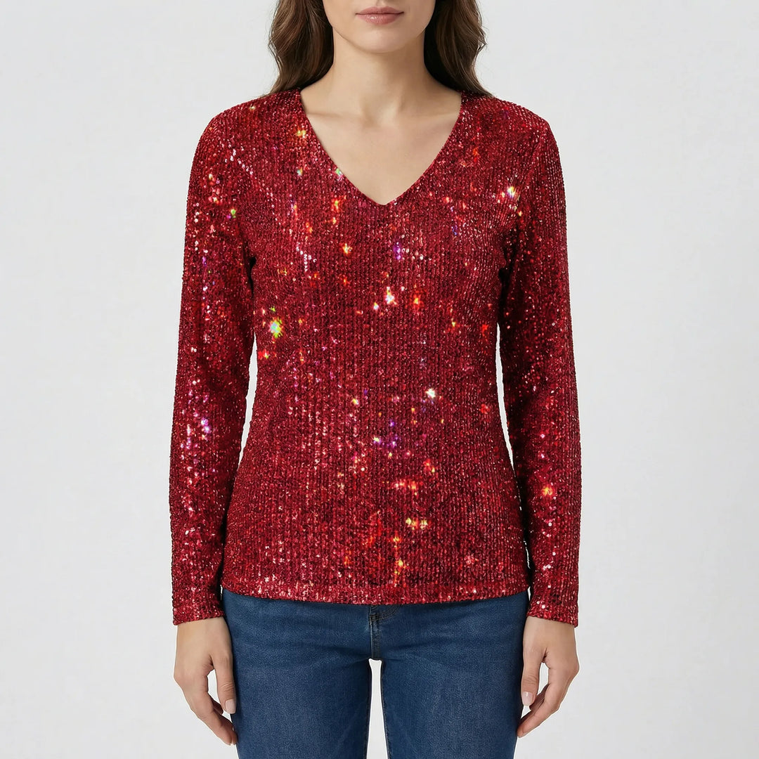Chic women's shimmer V-neck long-sleeve top, perfect for evening wear & special occasions.